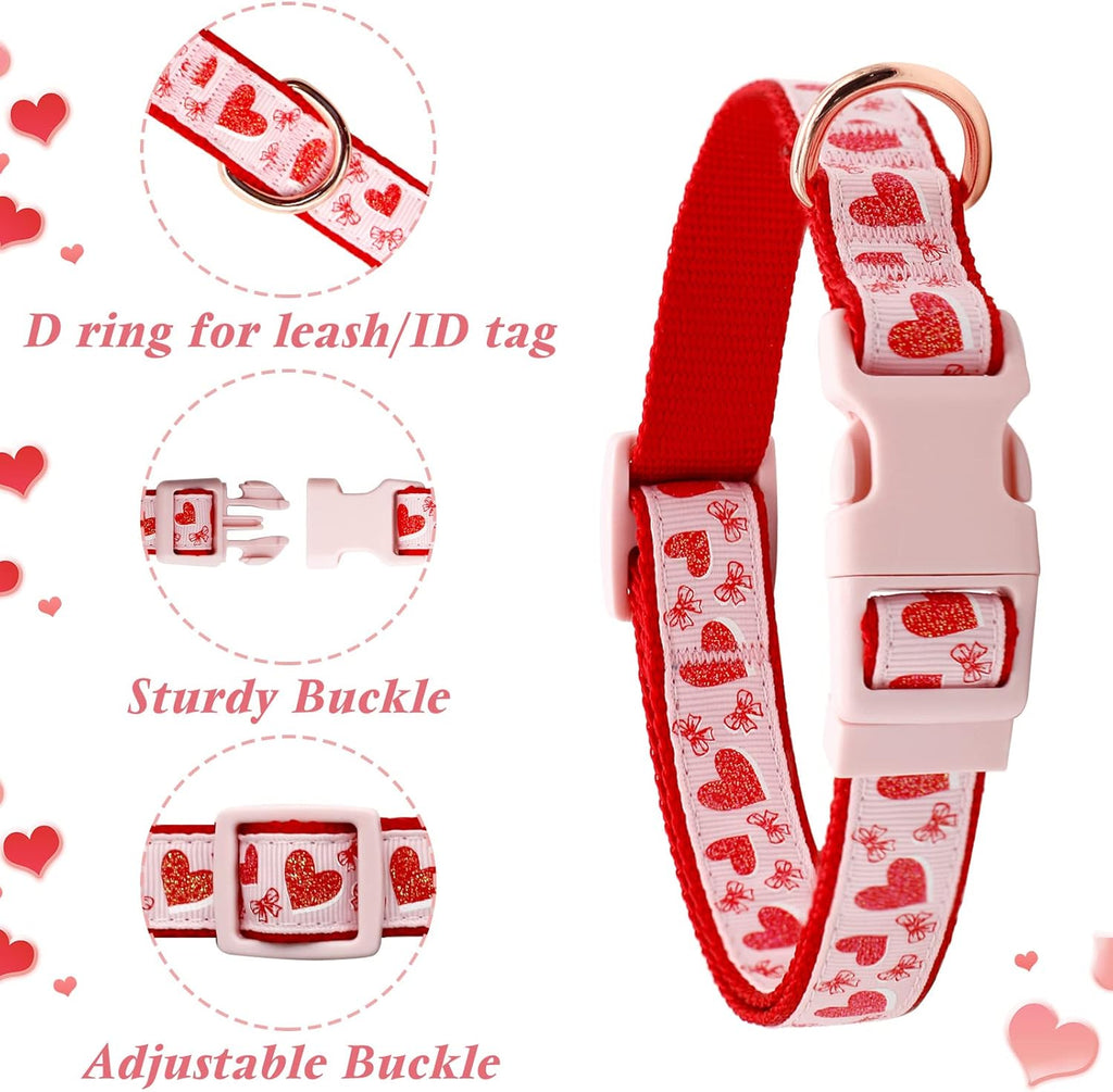 Valentine'S Day Dog Collar and Leash Set, Adjustable Pink Dog Collar with Sparkly Red Hearts Matching Leash Valentines Day Gifts for Large Dogs